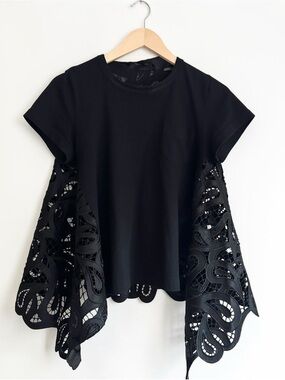 SACAI Black Embroidered Guipure Lace Cotton Tee Shirt Top Sz Small